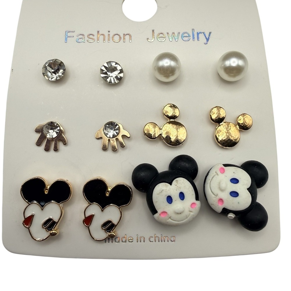 Fashion Jewelry MICKEY MOUSE Earrings Set  Gold Tone Rhinestone Pearl 6 Pair